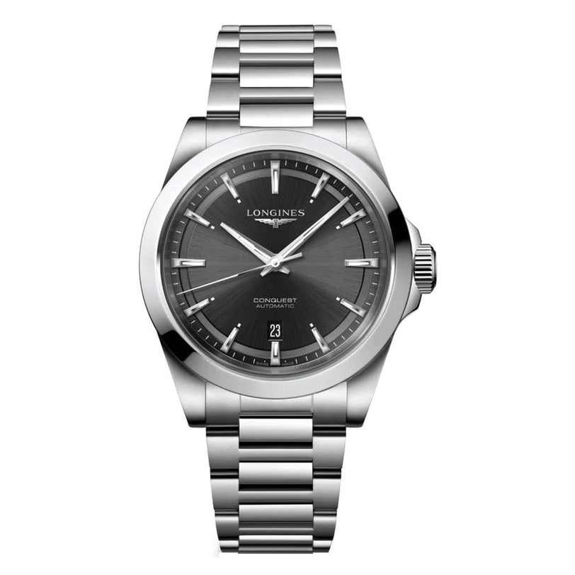 The Longines Conquest features a stainless steel case, automatic movement, black dial with silver markers, date at 6 o’clock, and a durable metal link bracelet.