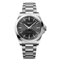 The Longines Conquest features a stainless steel case, automatic movement, black dial with silver markers, date at 6 o’clock, and a durable metal link bracelet.