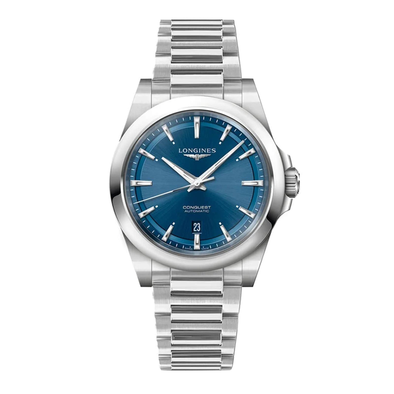 The Longines Conquest wristwatch features a stainless steel case, sunray blue dial, silver hour markers and hands, a date window at 6 oclock, and a metal link bracelet.