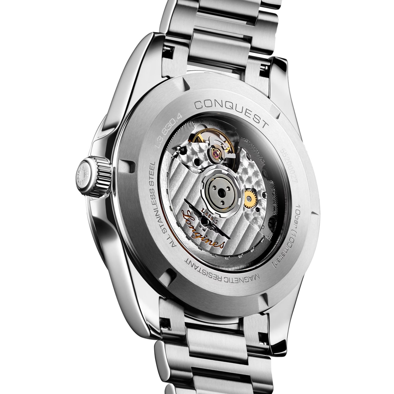 Close-up of the back of a Longines Conquest stainless steel wristwatch, displaying its L888 calibre mechanical movement through a transparent case back, with the word CONQUEST engraved on the rim.