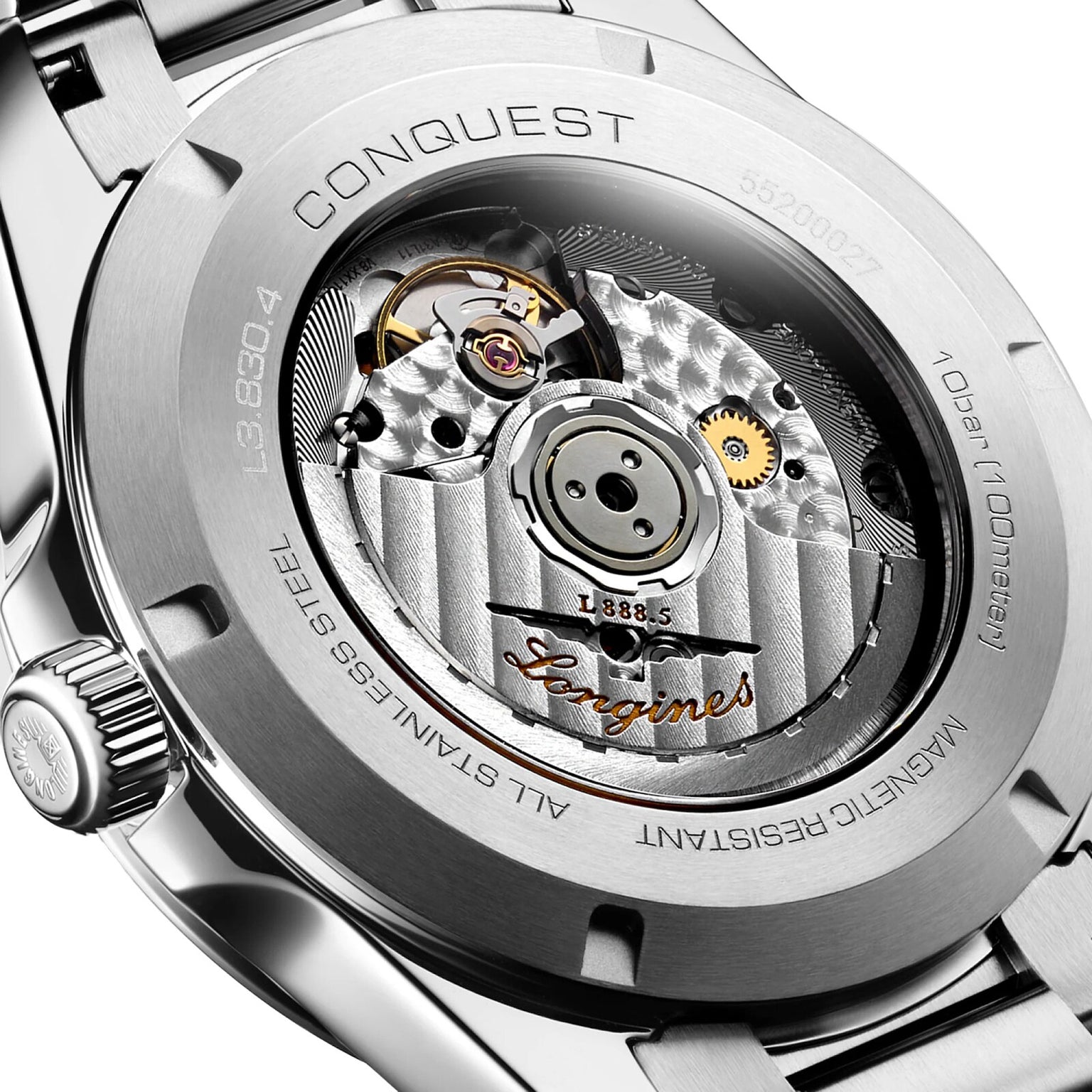Close-up of the back of the Longines Conquest watch, showcasing its automatic movement and detailed engravings through a transparent case back.