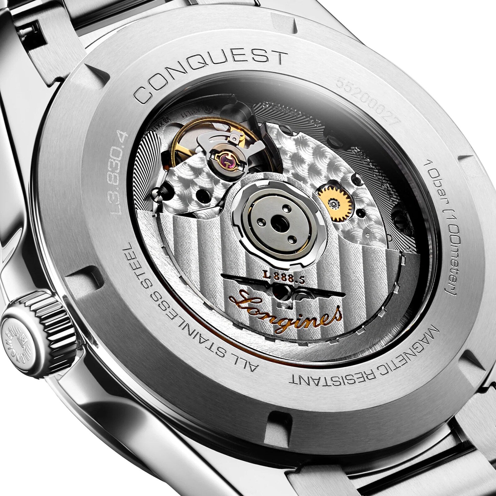 Close-up of the back of the Longines Conquest watch, showcasing its automatic movement and detailed engravings through a transparent case back.