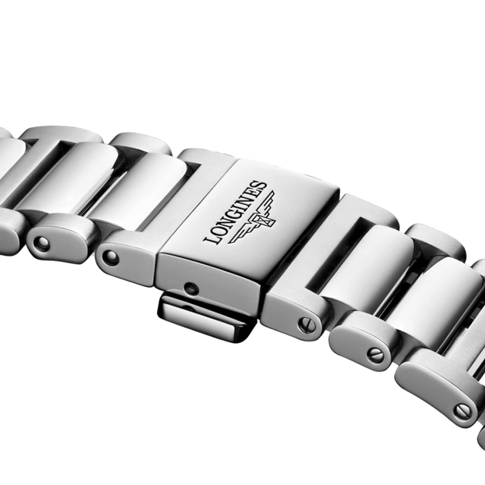 Close-up of a stainless steel clasp with the Longines logo and winged hourglass, from the Conquest collection, known for its signature sunray blue dial.
