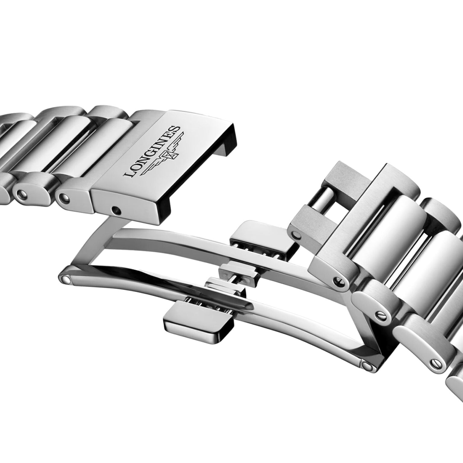 Close-up of a silver metal Longines Conquest bracelet with a butterfly deployment clasp, partially open and showing the logo. Designed to complement sunray blue dial models with L888 calibre movement.