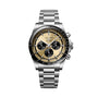 The Longines Conquest Chronograph features a stainless steel case, gold and black dial with three subdials, and a tachymeter bezel, elegantly displayed against a white background for a refined look.