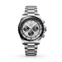 A Longines Conquest Chronograph stainless steel watch with a silver dial, black bezel, three subdials, and metal link bracelet featuring an automatic movement, shown on a white background.