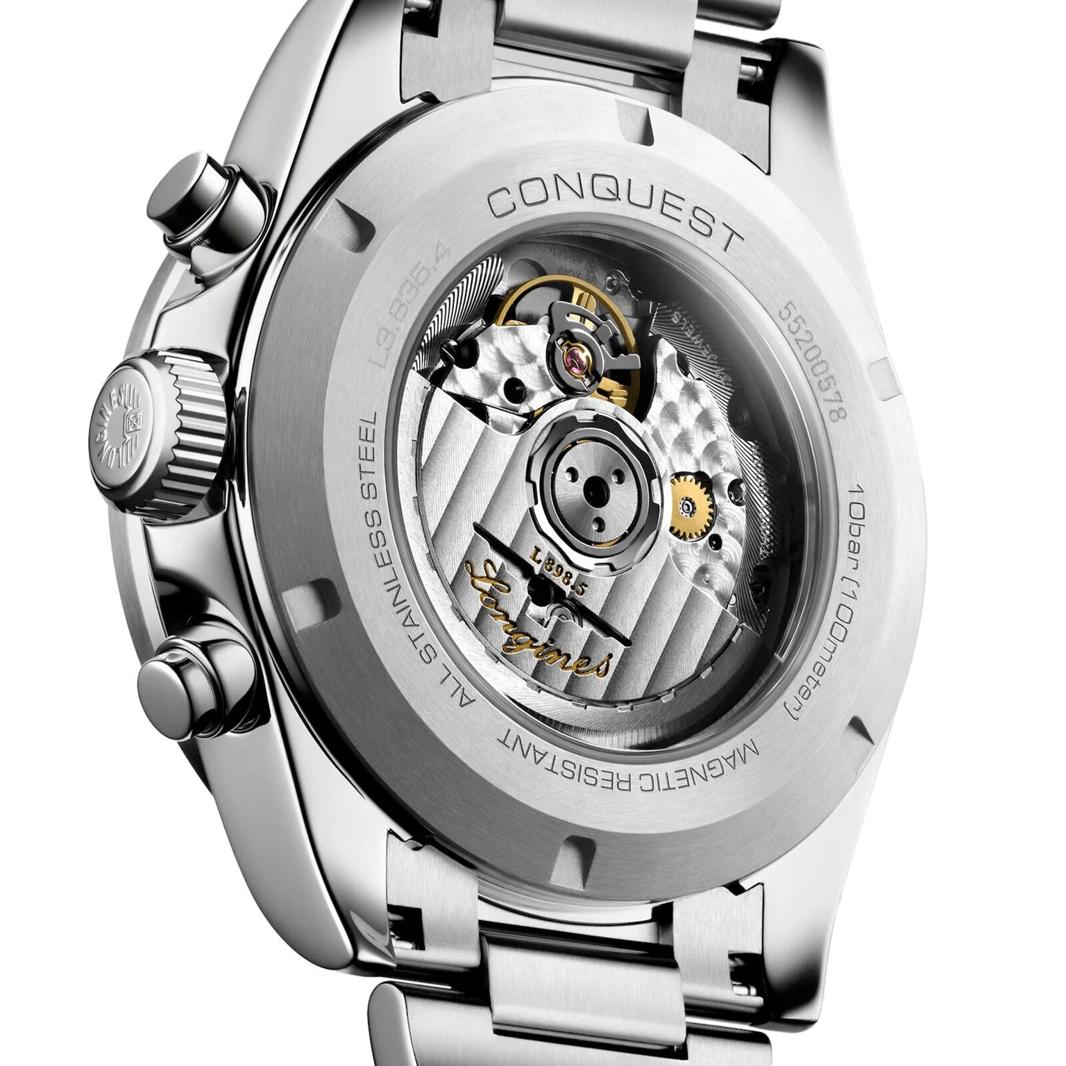 Close-up of the Longines Conquest Chronograph’s back, showing its exposed self-winding movement and finely engraved markings on the stainless steel case.