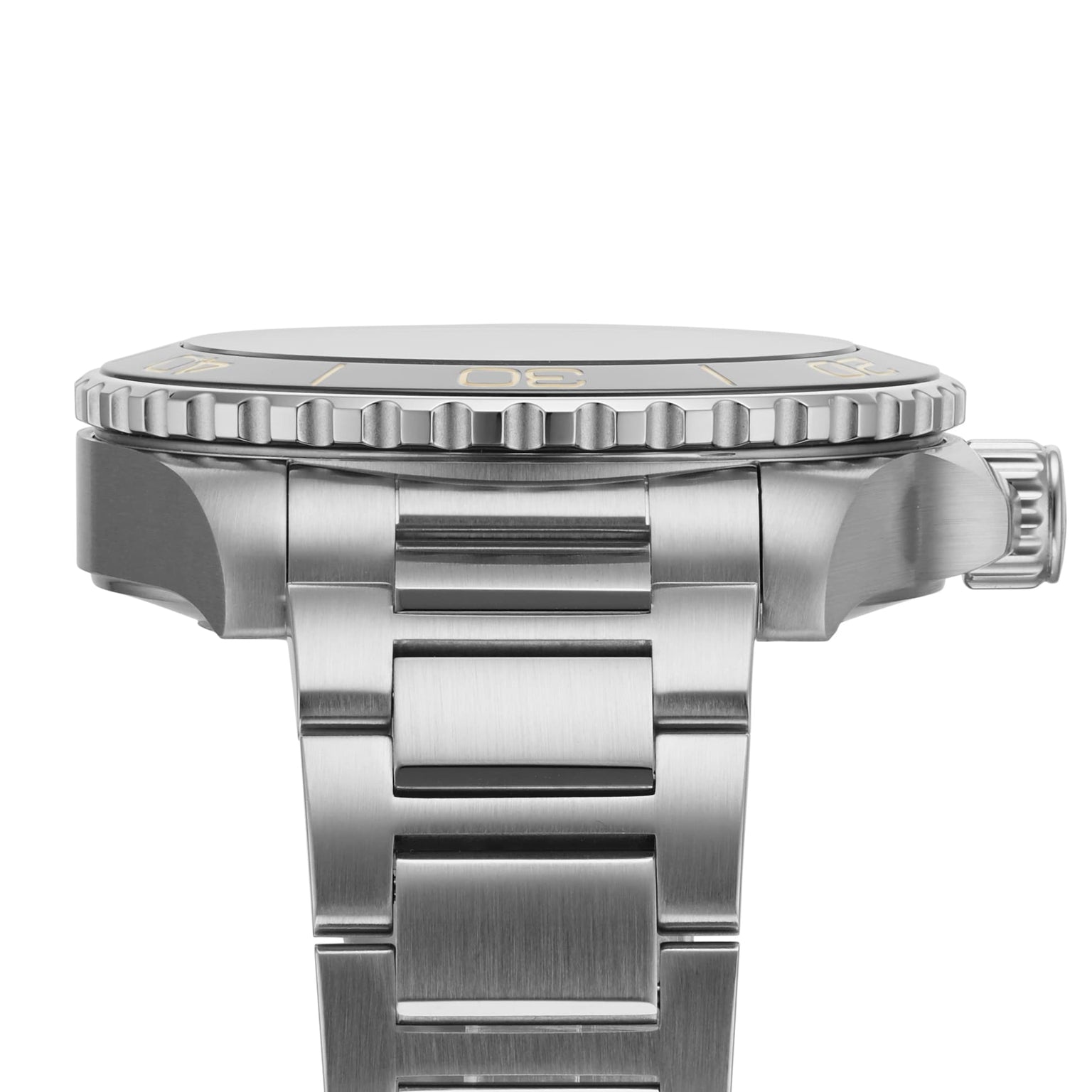 Side view of the Longines HydroConquest diving watch in stainless steel with a ceramic bezel and metal bracelet, highlighting the detailed case, crown, and bracelet links.