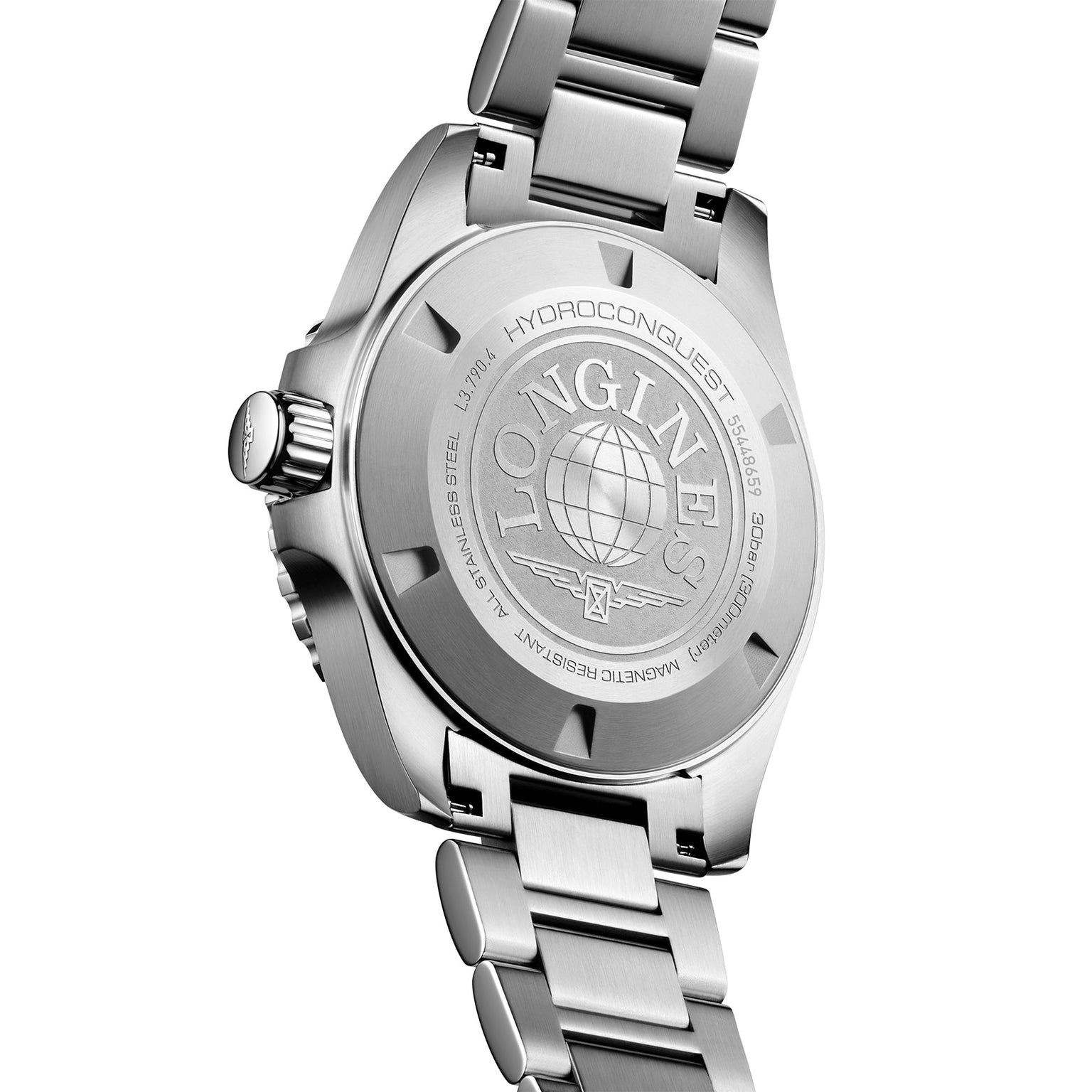 Close-up view of the back of a Longines HydroConquest GMT, showcasing its stainless steel case engraved with the Longines logo and water resistance details.