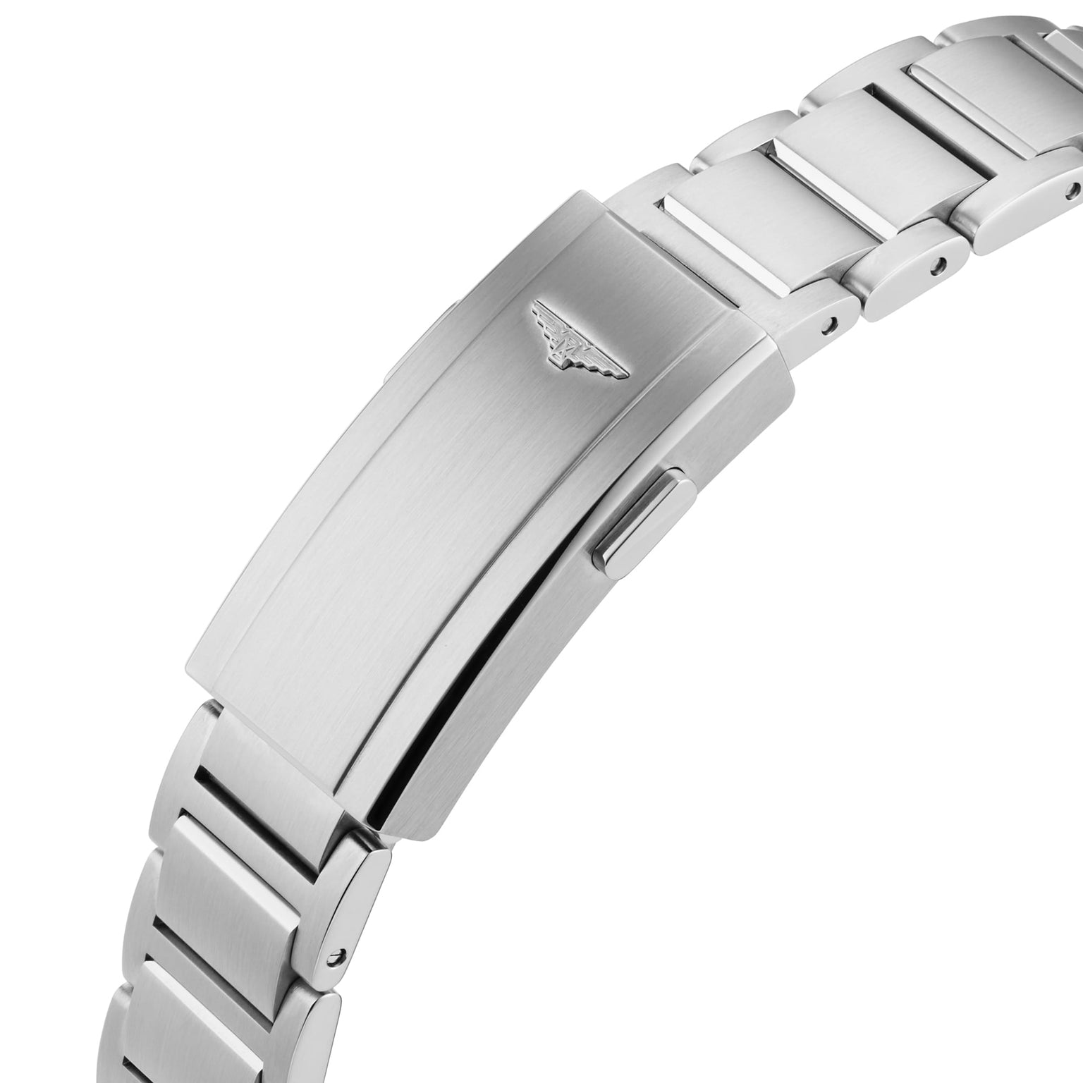 Close-up of the Longines HydroConquests stainless steel bracelet and clasp, which features an embossed winged logo and a robust case design.