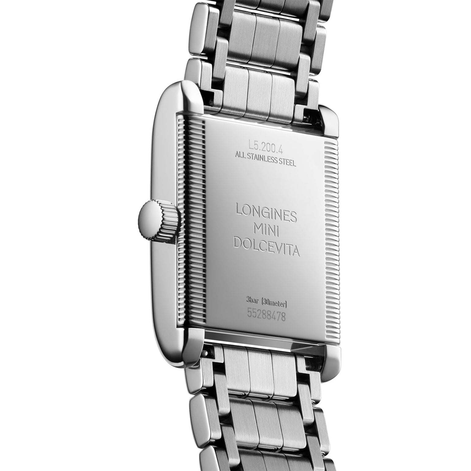 Close-up of the back of a Longines Mini DolceVita, highlighting its stainless steel construction, engraved details, and metal bracelet—an elegant showcase of contemporary luxury watchmaking.