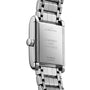 Close-up of the back of a Longines Mini DolceVita, highlighting its stainless steel construction, engraved details, and metal bracelet—an elegant showcase of contemporary luxury watchmaking.