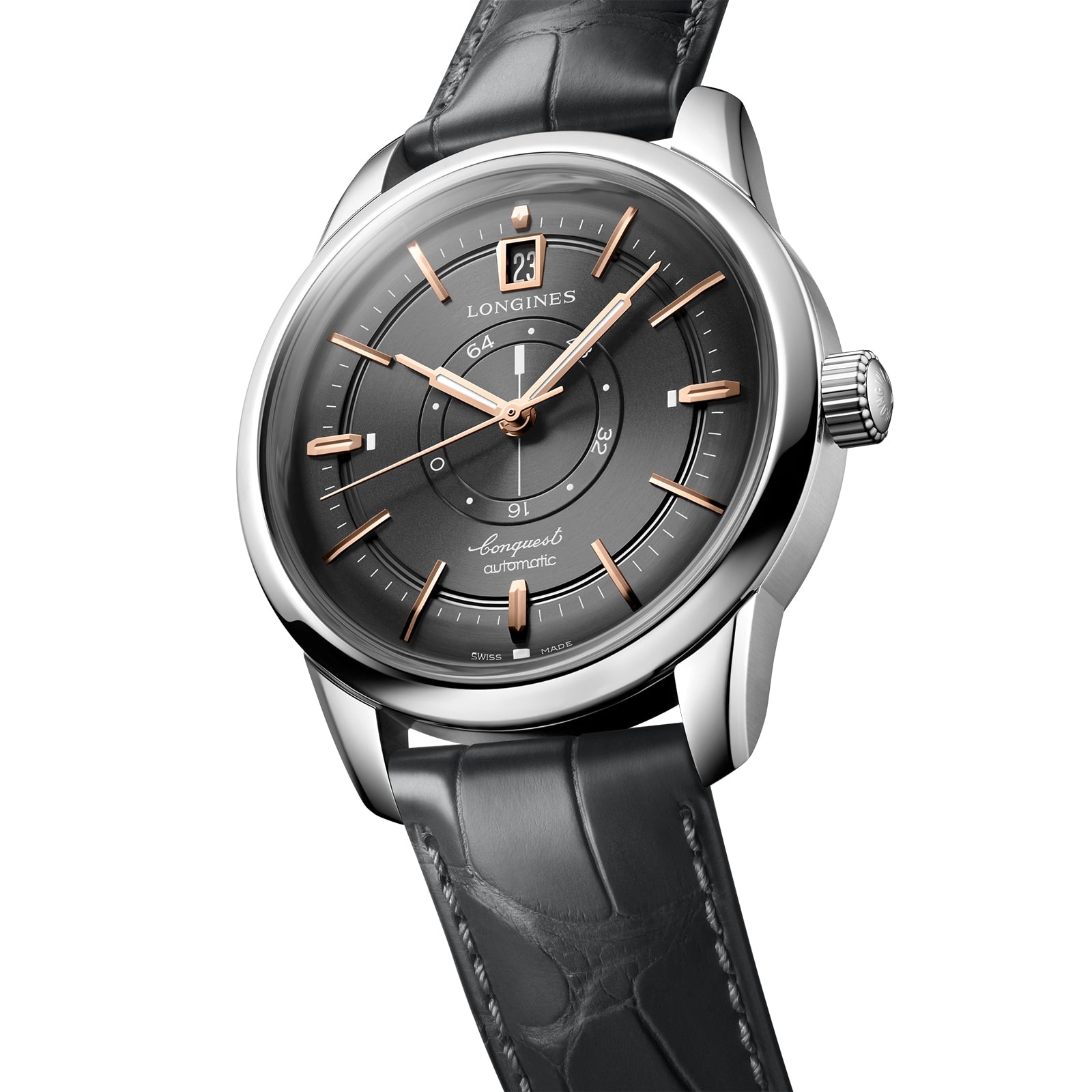 The Longines Conquest Heritage Central Power Reserve features a silver and black design, dark leather strap, gold hour markers with Swiss SuperLumiNova®, and a date display at 12 oclock.