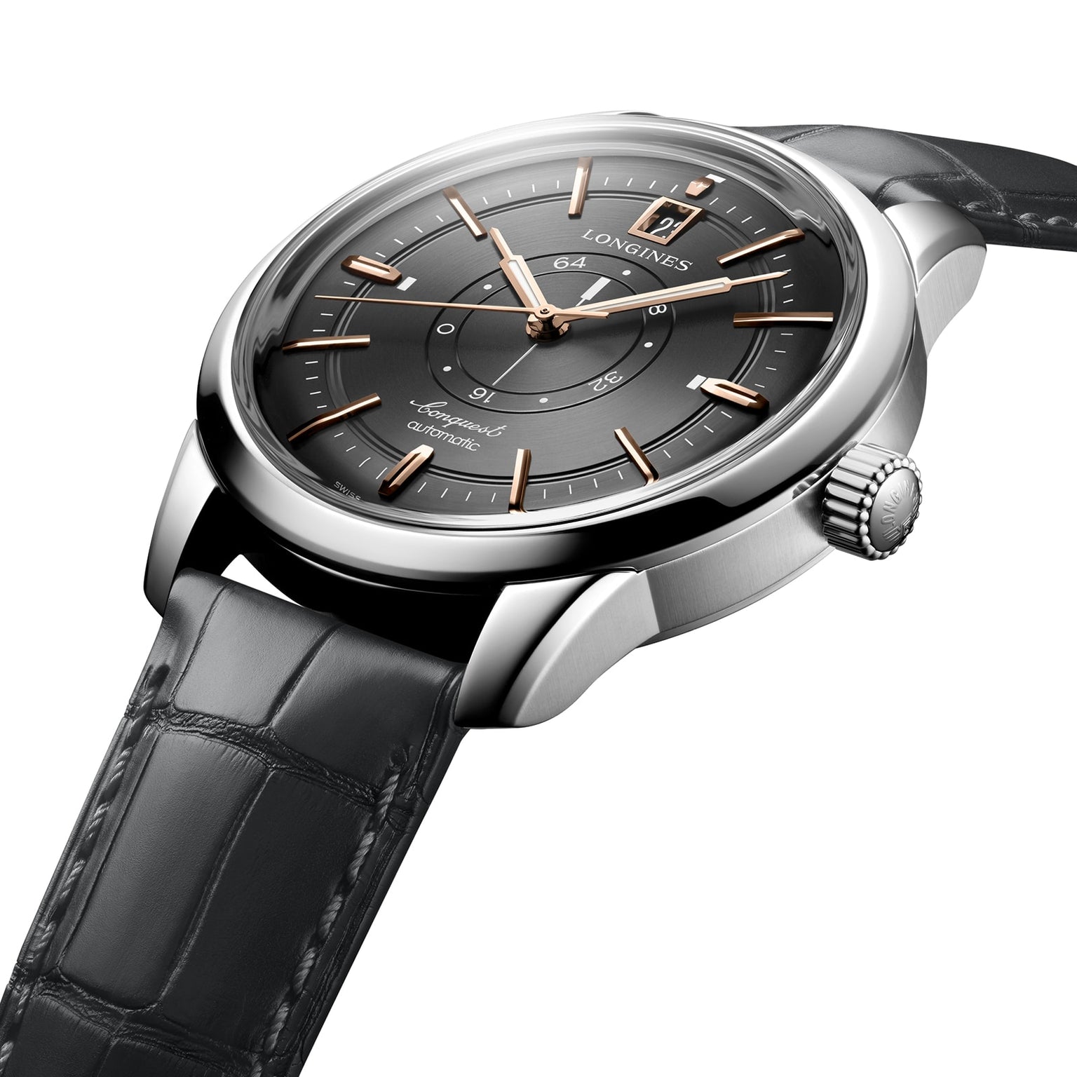 A close-up of the Longines Conquest Heritage Central Power Reserve watch, featuring a black leather strap, black dial with Swiss SuperLumiNova®, rose gold hour markers, and a date display at 12 o’clock.