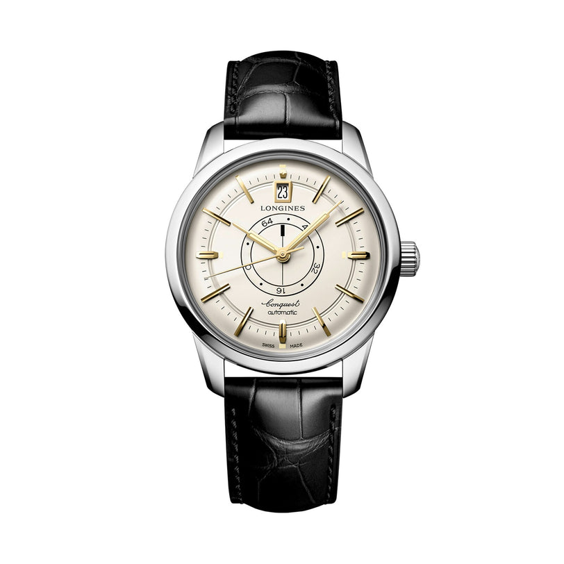 The Longines Conquest Heritage Central Power Reserve features a stainless steel case, cream dial with gold hour markers, date window at 12 o’clock, and a black leather strap.