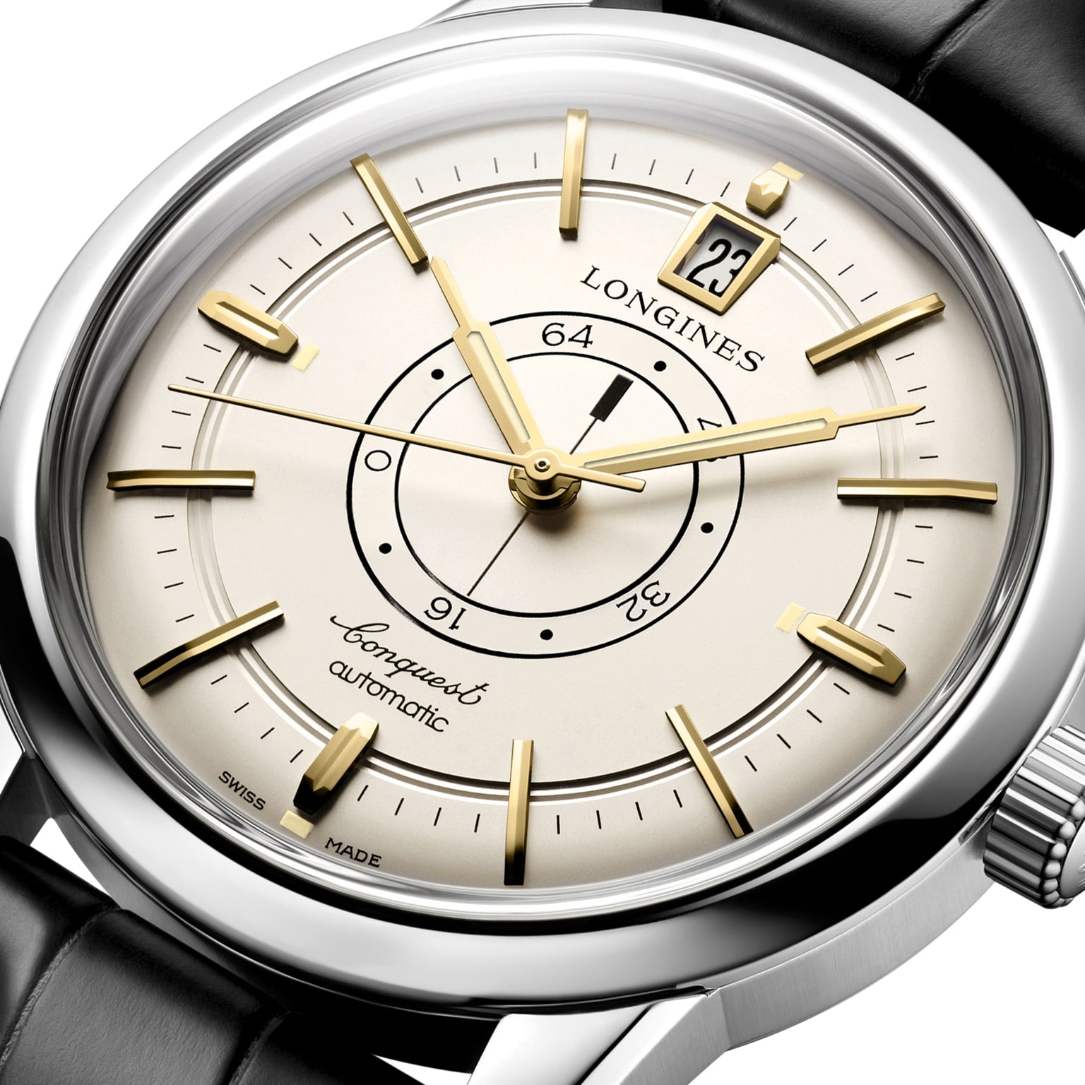 Close-up of the Longines Conquest Heritage Central Power Reserve, featuring a cream dial with gold hour markers and hands, central power reserve display, date window at 12 oclock, black leather strap, and stainless steel case.