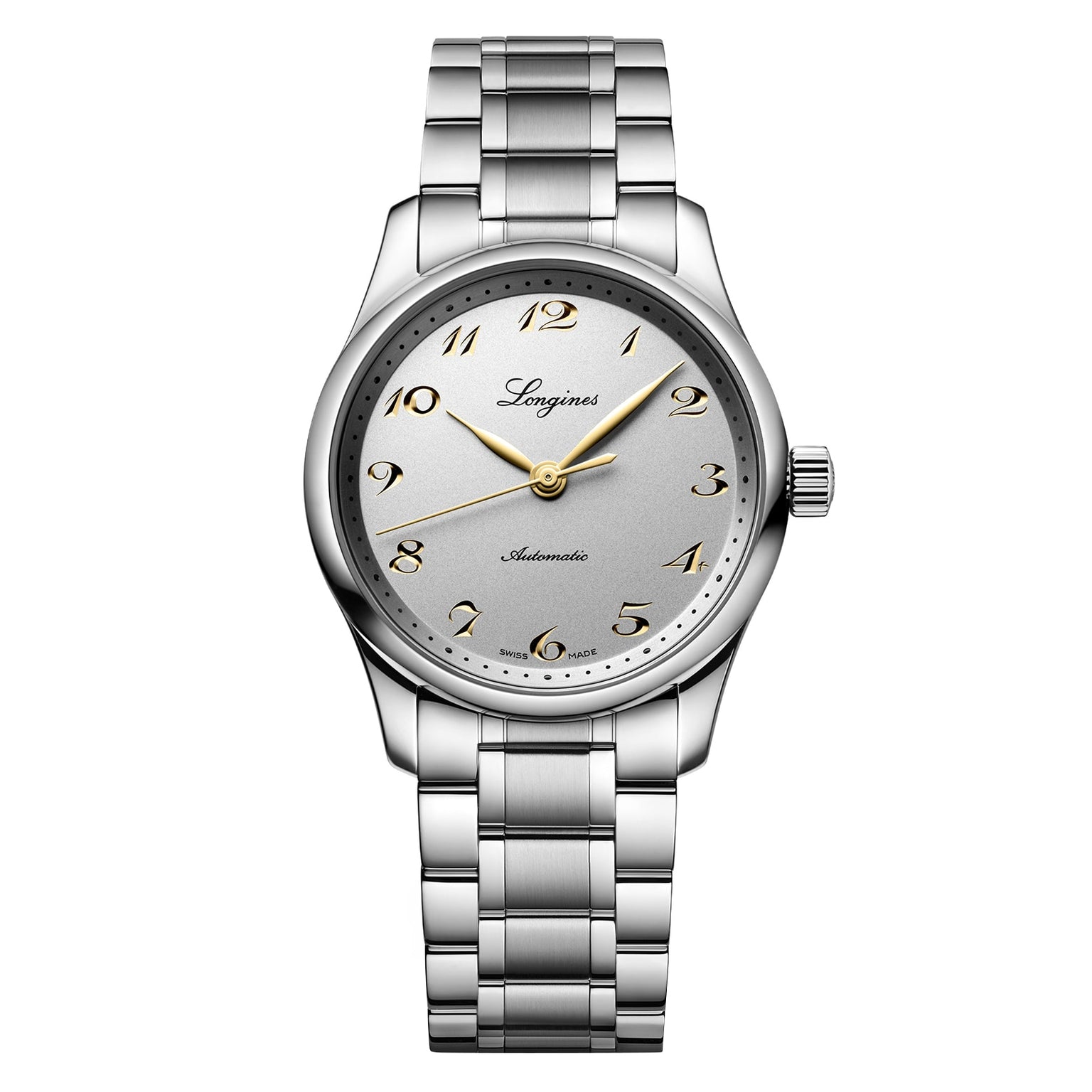 The Longines Master Collection features a silver wristwatch with a metal link band, white dial, gold Arabic numerals, three hands, and automatic movement for exceptional accuracy.