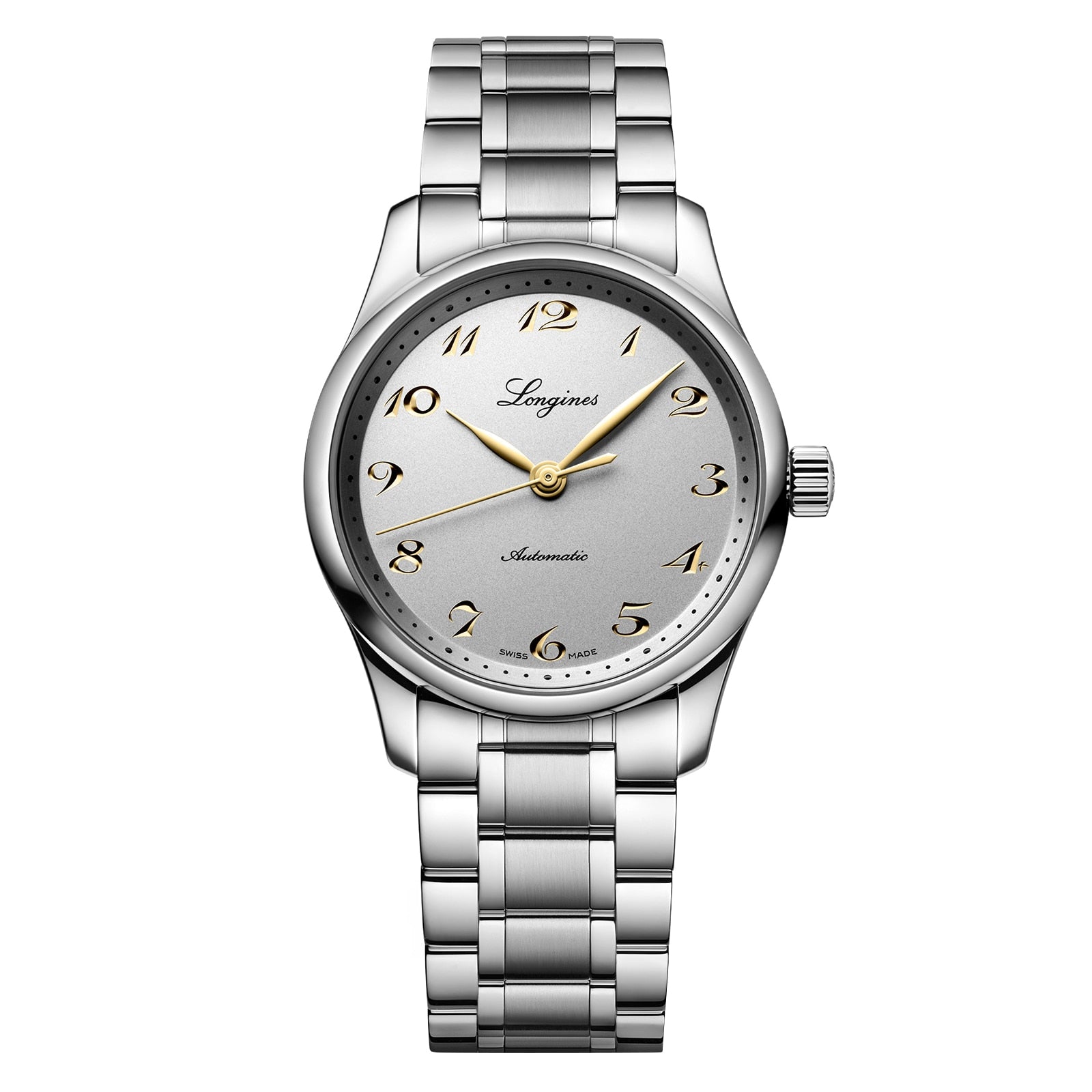The Longines Master Collection features a silver wristwatch with a metal link band, white dial, gold Arabic numerals, three hands, and automatic movement for exceptional accuracy.