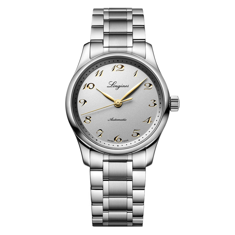 The Longines Master Collection features a silver wristwatch with a metal link band, white dial, gold Arabic numerals, three hands, and automatic movement for exceptional accuracy.
