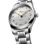 A Longines Master Collection silver automatic wristwatch with a metal band, gold hands, and Arabic numerals on a white dial—an elegant timepiece known for its precision and style.