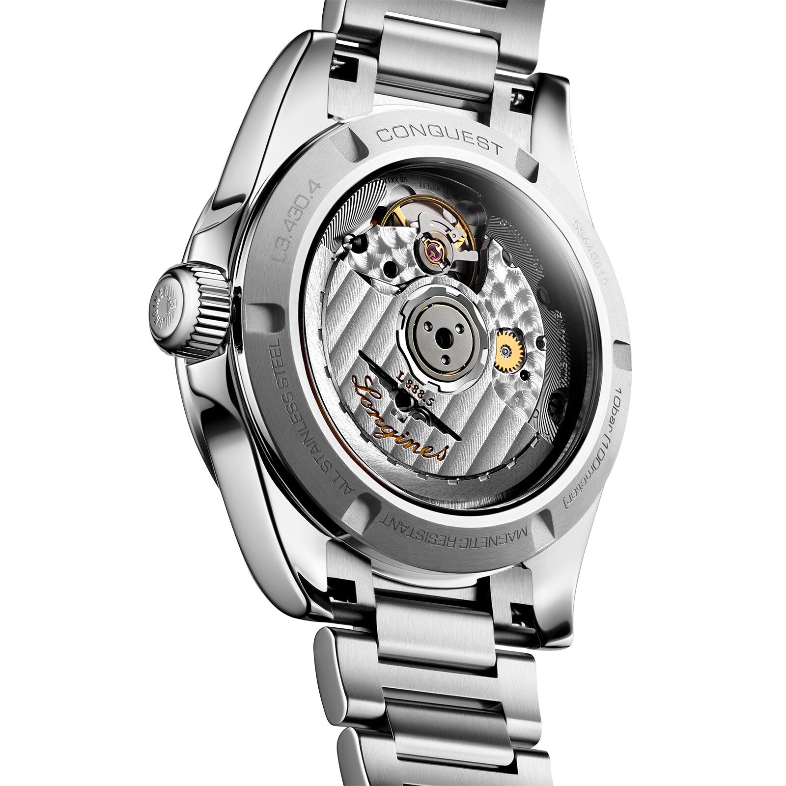 Close-up of the Longines Conquest wristwatchs back, highlighting its automatic movement visible through a transparent stainless steel case back.