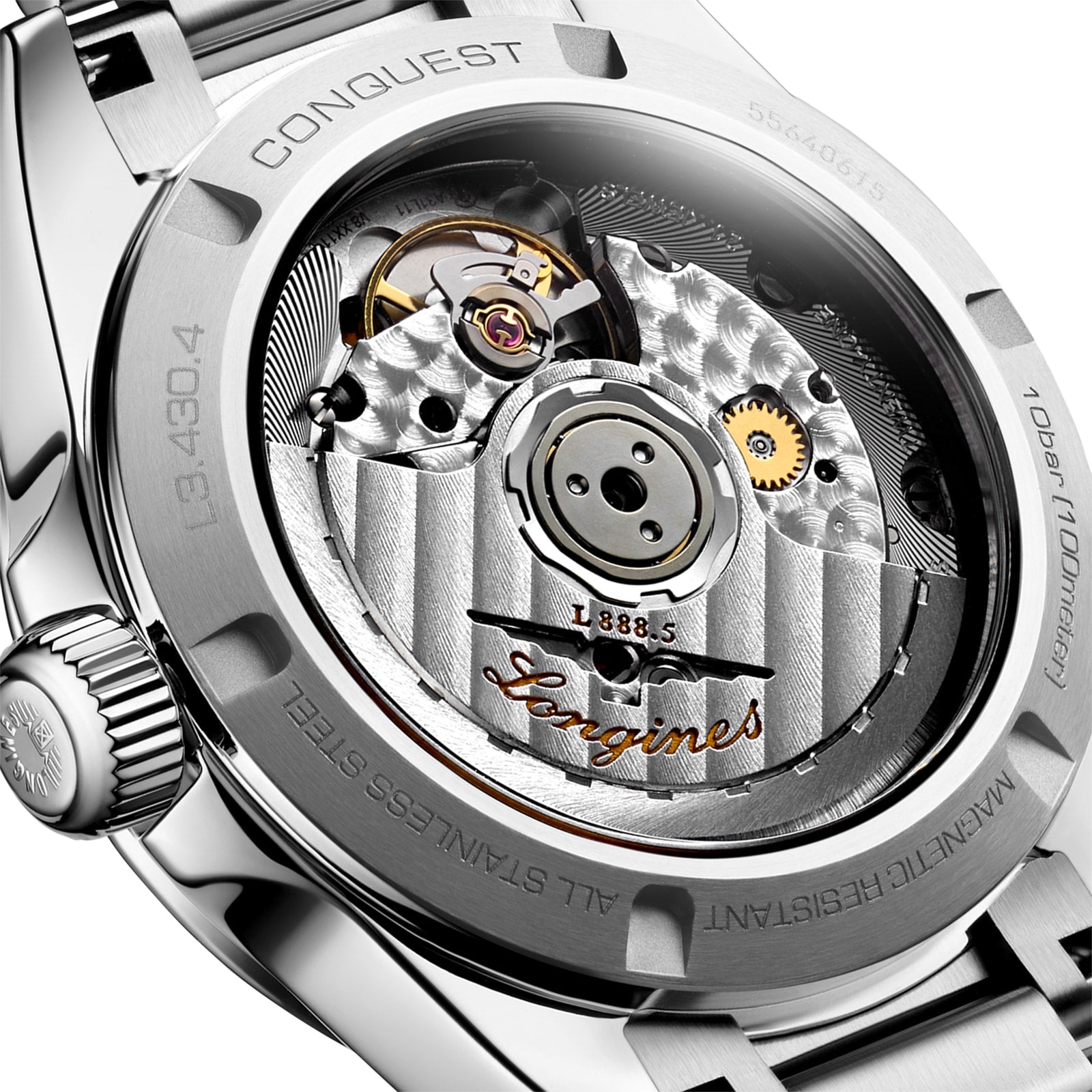 Close-up of the Longines Conquest watch back, showcasing its automatic movement with “Longines” and “L888.5” engraved on the metal rotor.