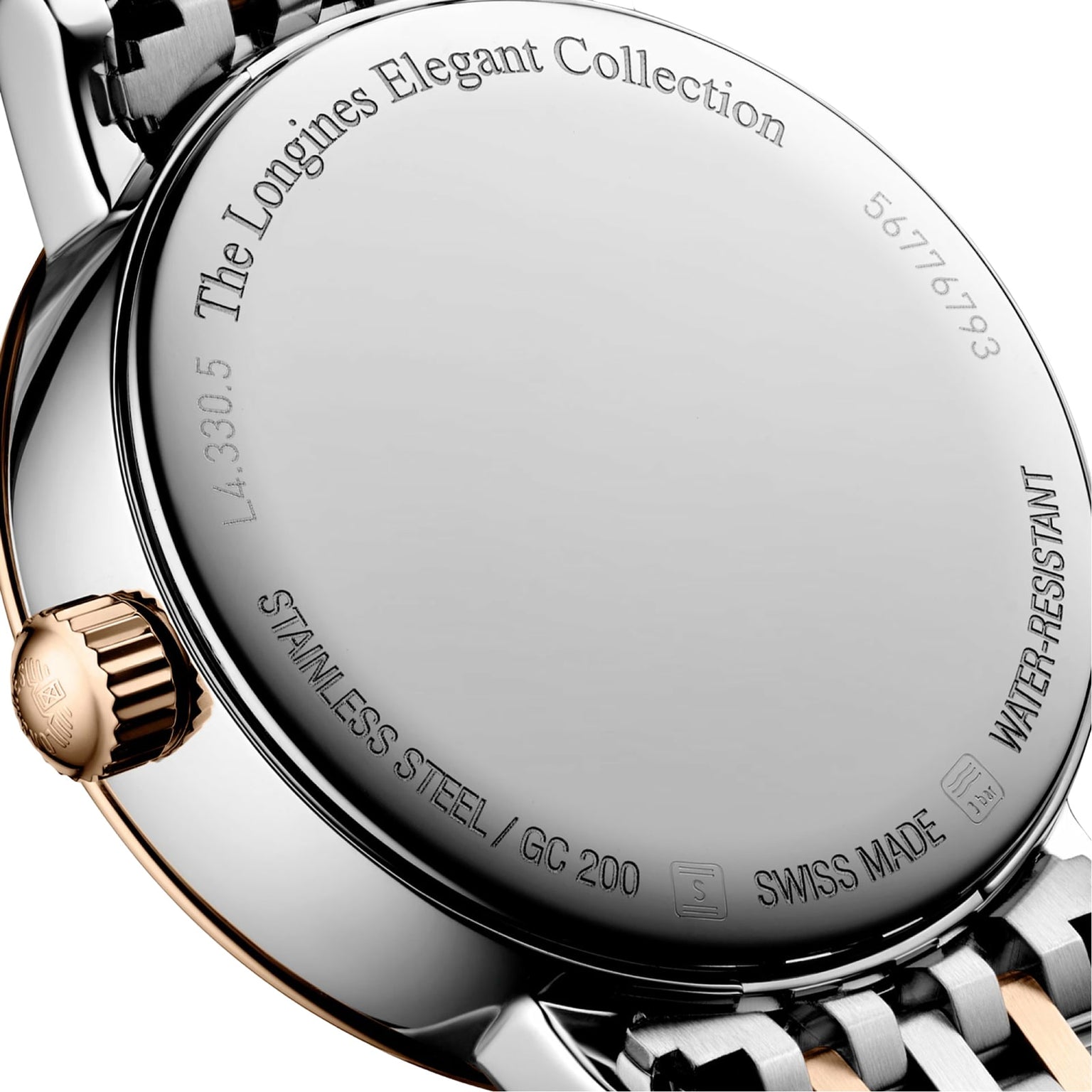 Close-up of the back of the Longines Elegant Collection Moonphase, featuring engraved details like model number, water resistance, and stainless steel—a refined piece that perfectly complements its mother-of-pearl dial.
