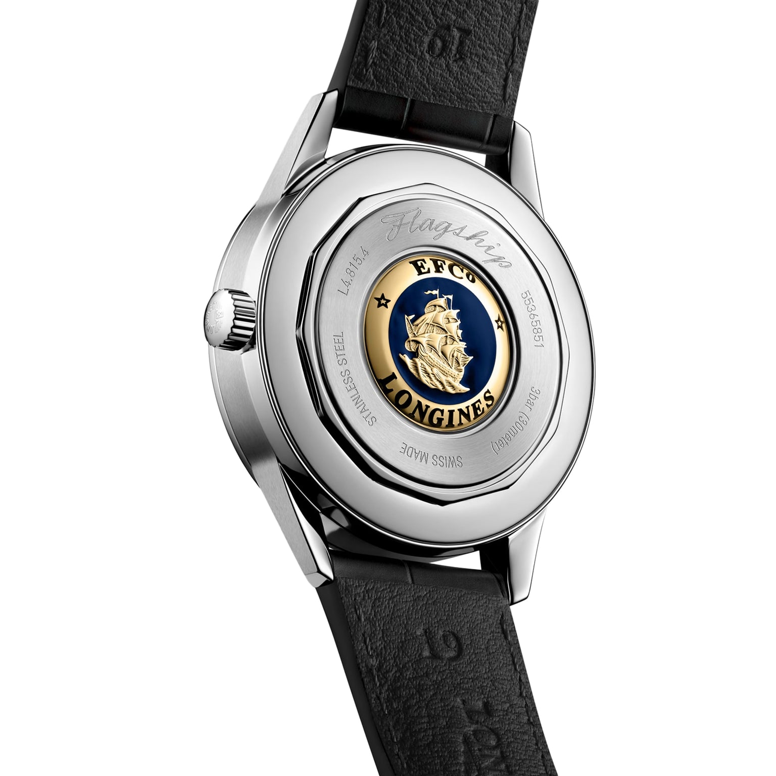 The Longines Flagship Heritage Moonphase features an elegant stainless steel caseback engraved with a ship emblem, gold accents, and inscriptions of “Flagship” and “Swiss Made.”.