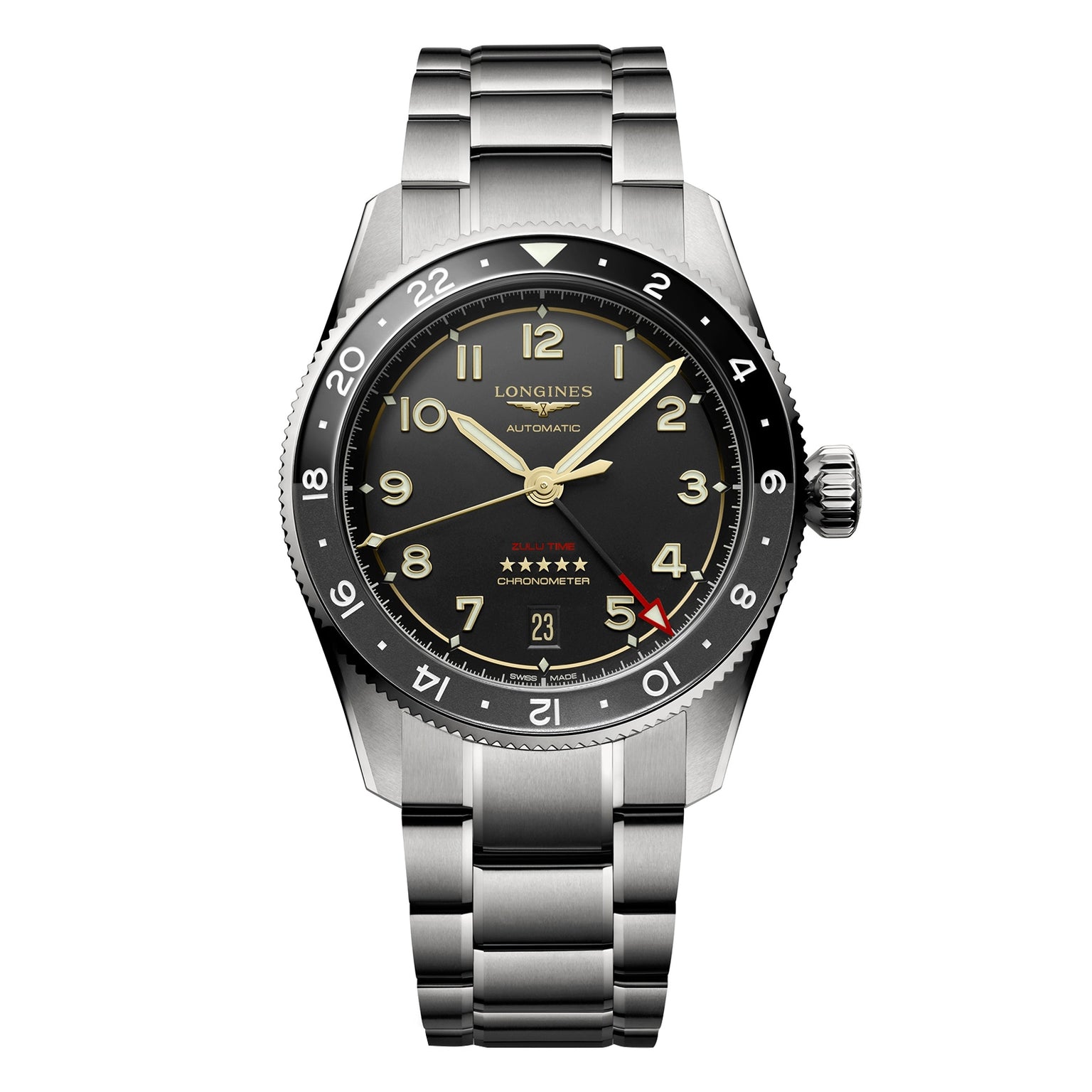 The Longines Spirit Zulu Time is a stainless steel automatic wristwatch featuring a black dial with Arabic numerals, date display, GMT function, and a silver metal bracelet.