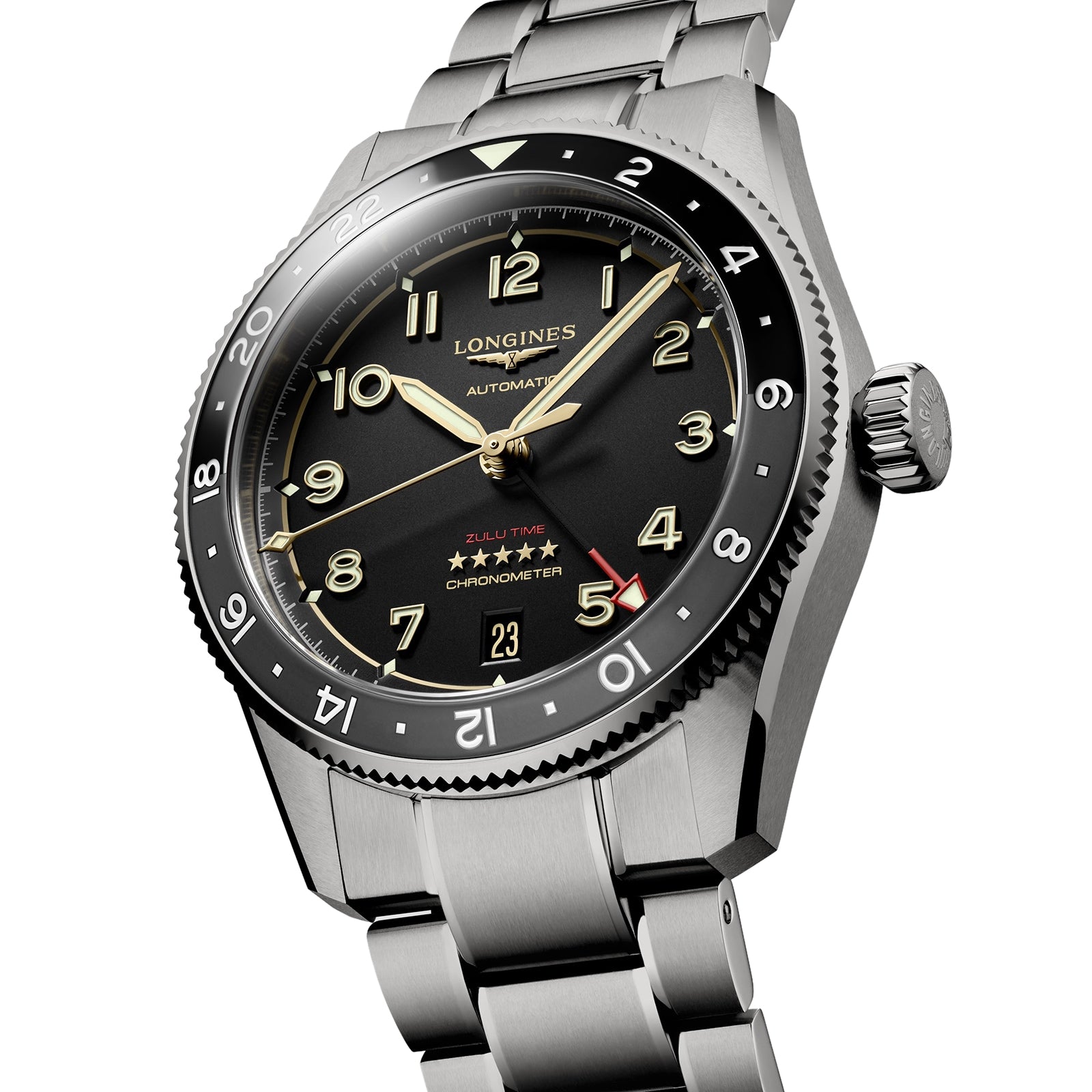 The Longines Spirit Zulu Time, a stainless steel wristwatch with black dial, luminous hands and numerals, date at 6 o’clock, GMT calibre, and rotating bezel is shown angled.
