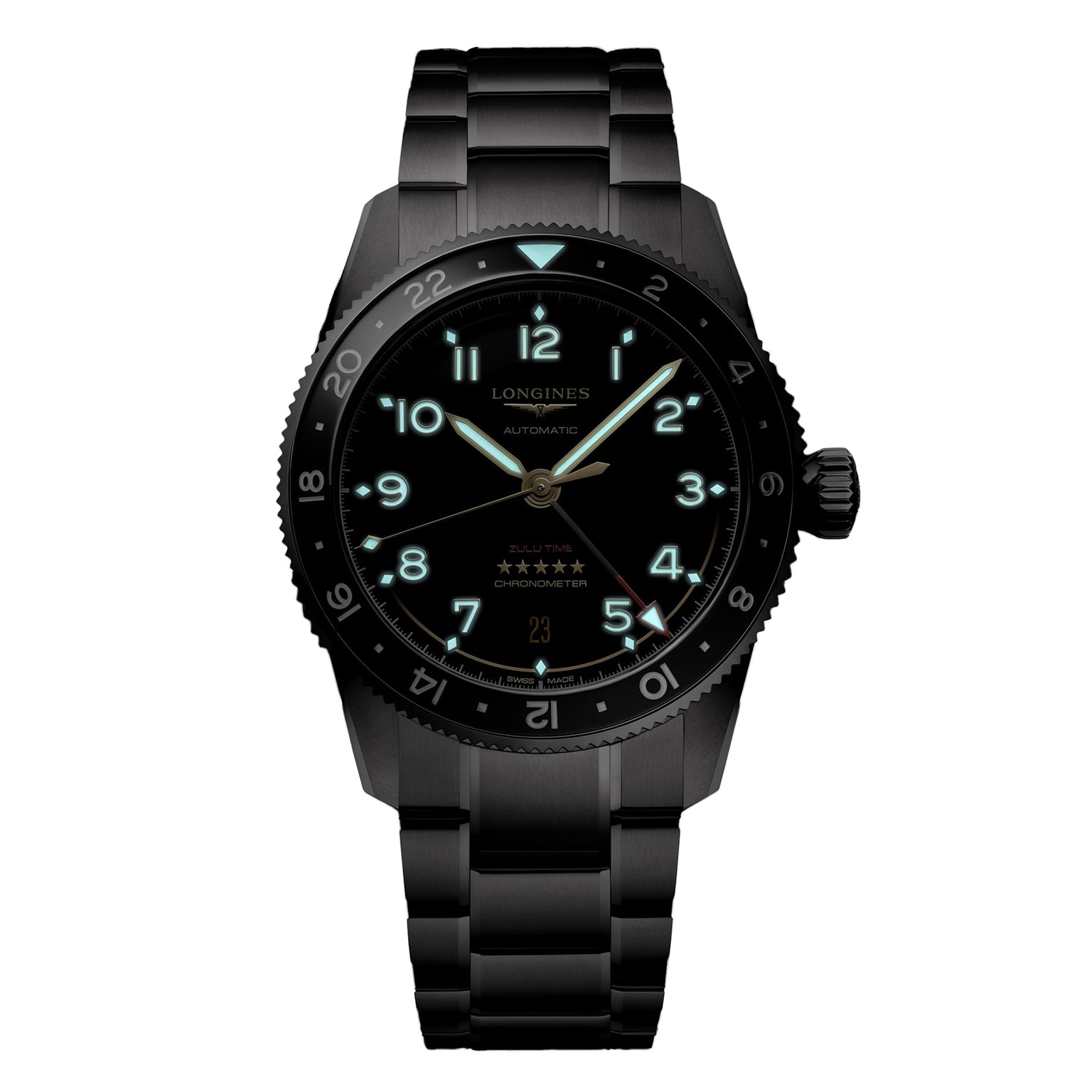 The Longines Spirit Zulu Time wristwatch features a black design with glowing blue numerals and hands, a black metal bracelet, 24-hour bezel, precise GMT calibre, and is shown on a white background.