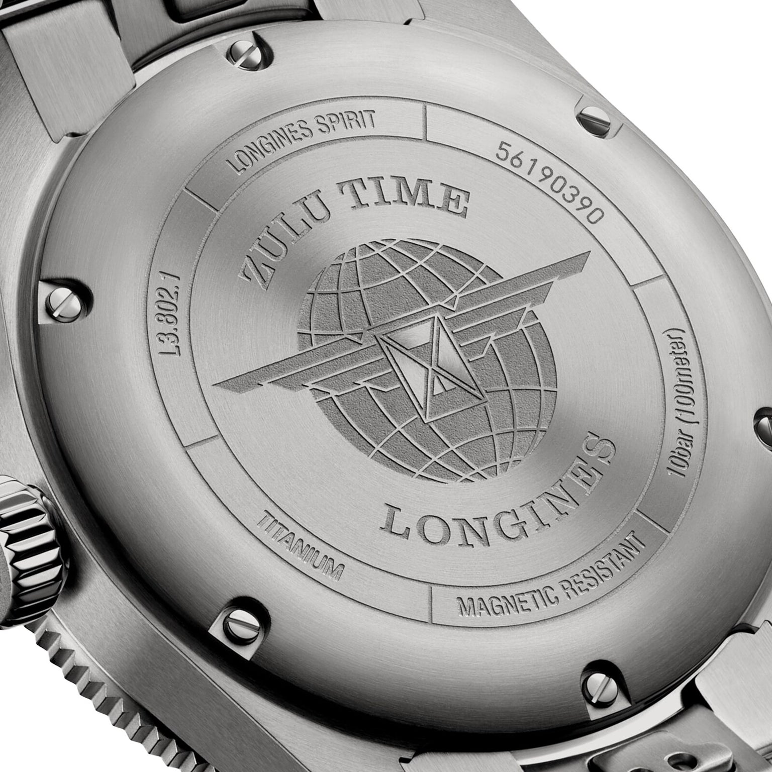 Close-up of a Longines Spirit Zulu Time caseback engraved with a globe, wing logo, model numbers, TITANIUM, MAGNETIC RESISTANT, and marking its chronometer-certified GMT calibre.