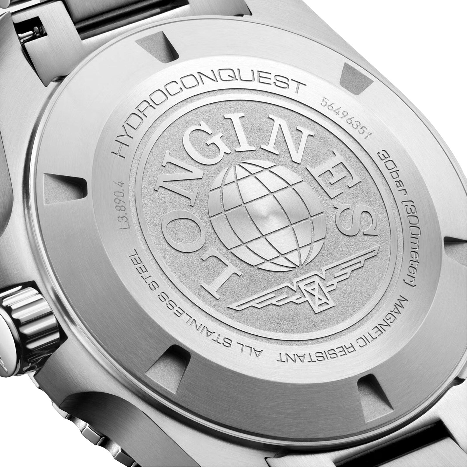 Close-up of the back of a Longines HydroConquest watch, highlighting the engraved Longines branding, model details, and water resistance information.