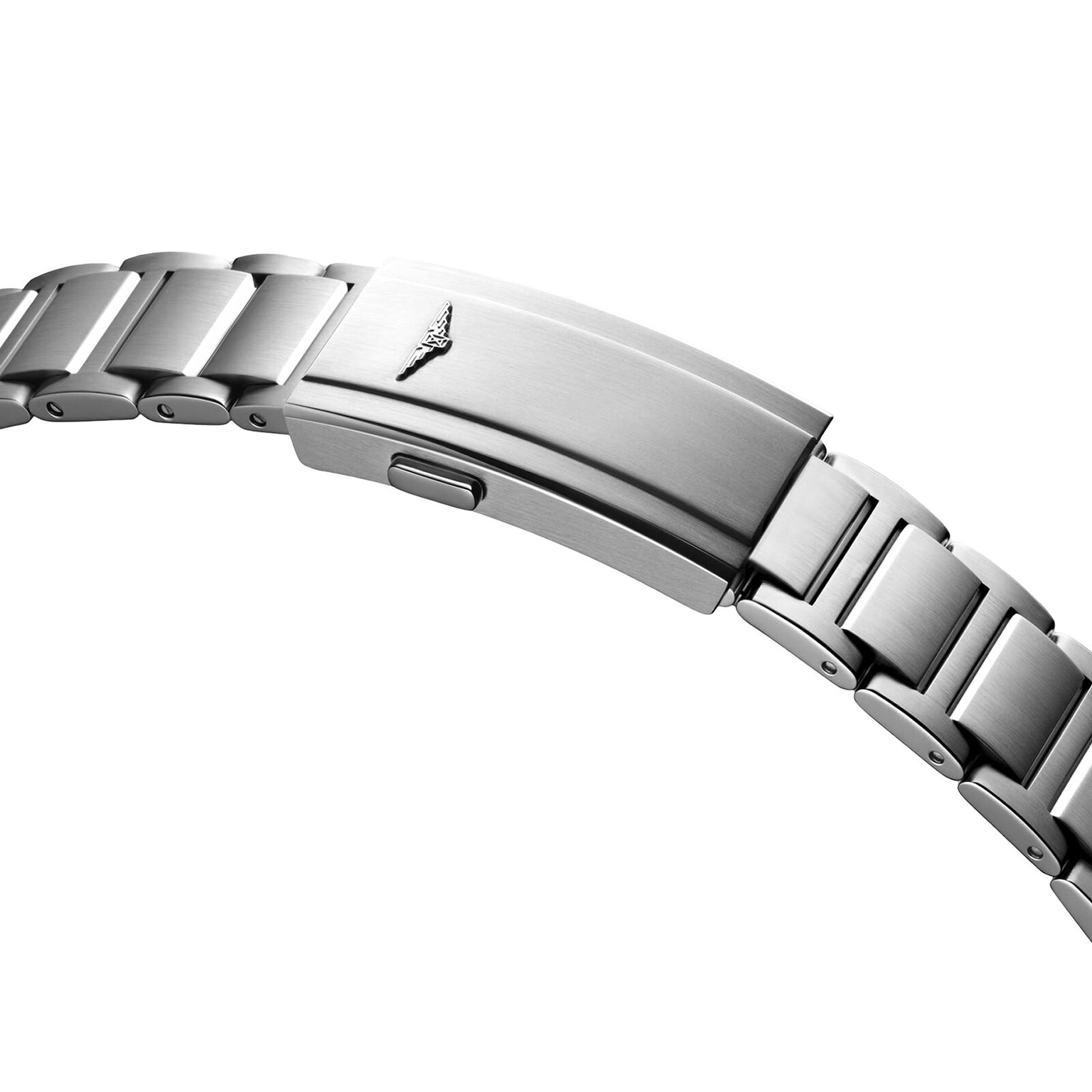 Close-up of a silver metal bracelet clasp with an engraved Longines logo, part of the renowned HydroConquest watch collection.