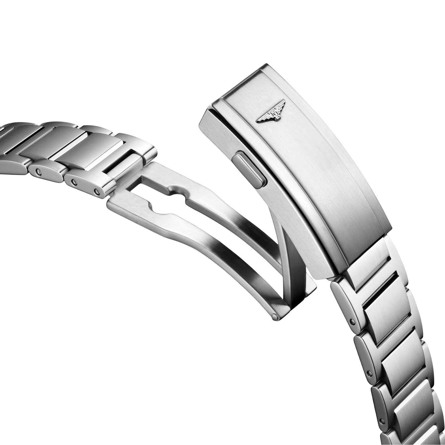 Close-up of a stainless steel Longines watch band featuring a partially open butterfly clasp with the HydroConquest logo engraved on it.