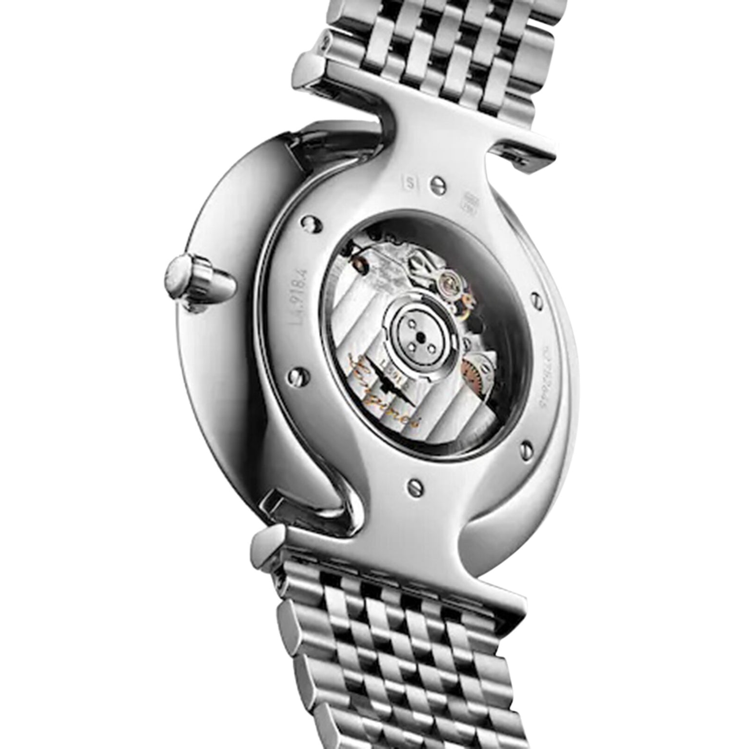The image displays the back of a Longines La Grande Classique de LONGINES stainless steel watch, featuring its visible mechanical movement through a transparent case back—a true mark of classic sophistication.