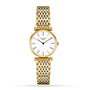 The Longines La Grande Classique de LONGINES features a gold link bracelet, white round dial, Roman numerals, and black hands, offering timeless elegance and sophistication against a white background.