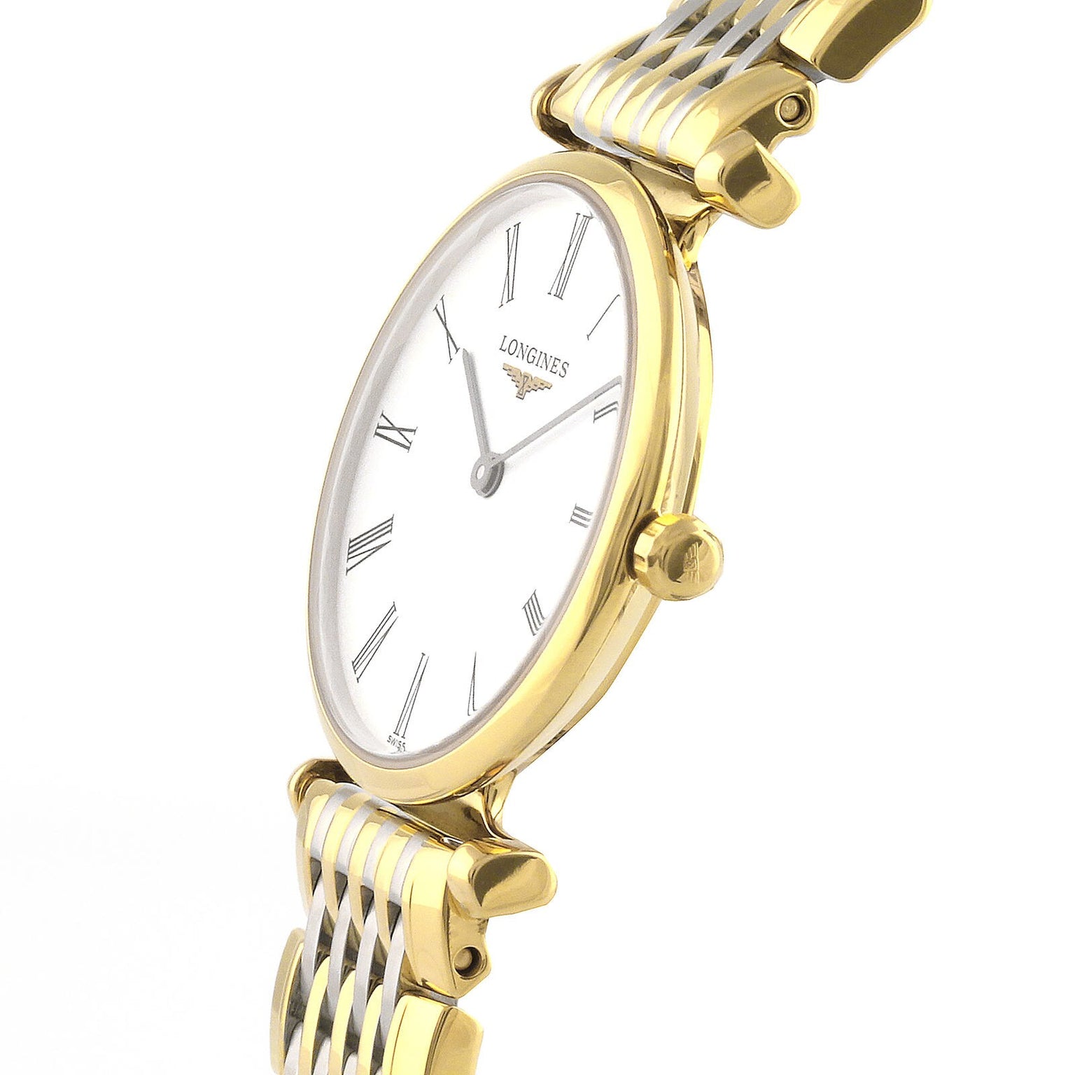 A Longines La Grande Classique de LONGINES wristwatch features a gold and silver design, white face, black Roman numerals, and two hands, elegantly photographed at an angle to showcase its sophistication.