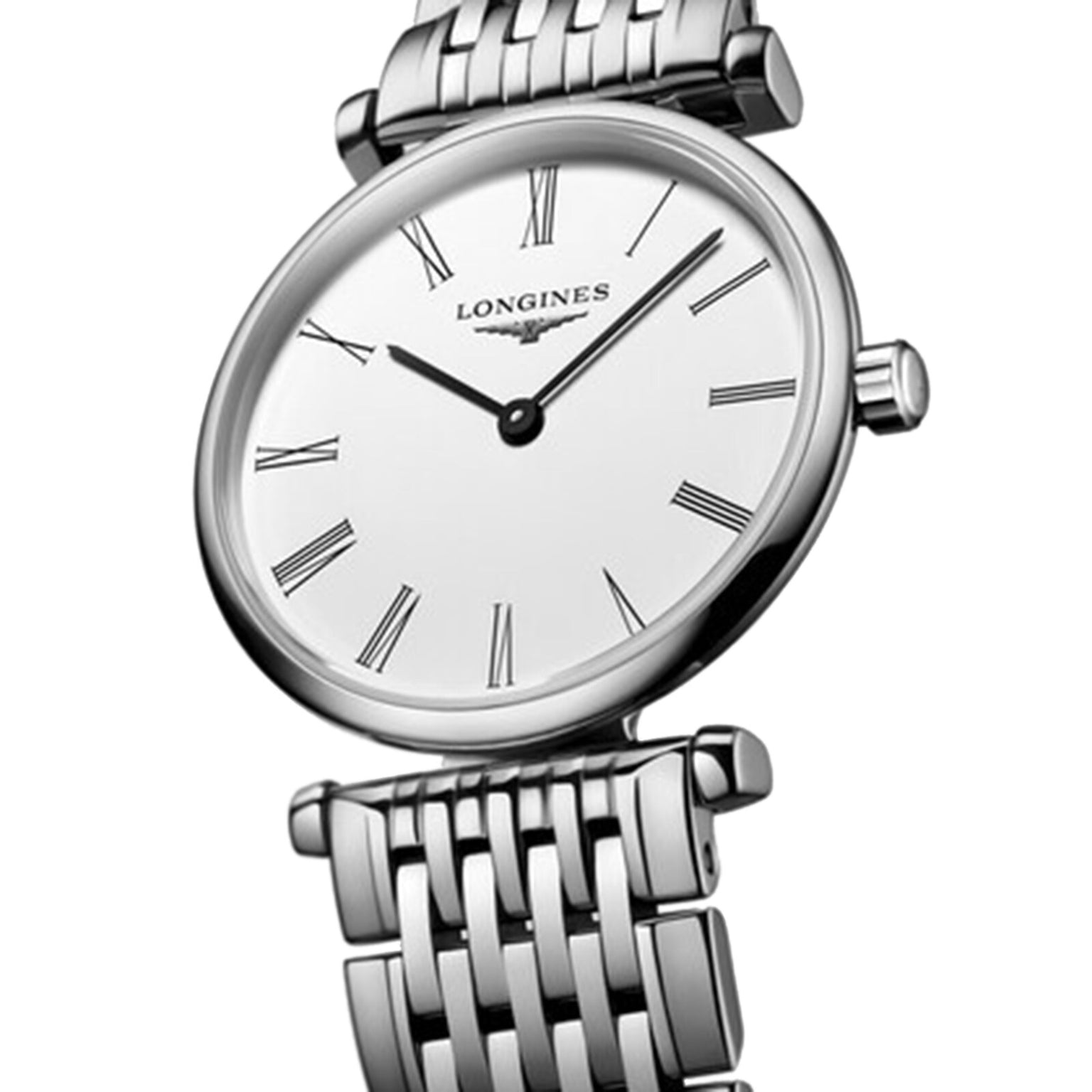 The La Grande Classique de LONGINES by Longines features a silver metal link band, white face, black Roman numerals, and black hands, embodying classic elegance as it is displayed at an angle.