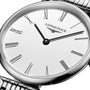 Close-up of a Longines La Grande Classique de LONGINES wristwatch, showcasing timeless elegance with a white dial, Roman numerals, and a silver bracelet. The watch displays 10:08.