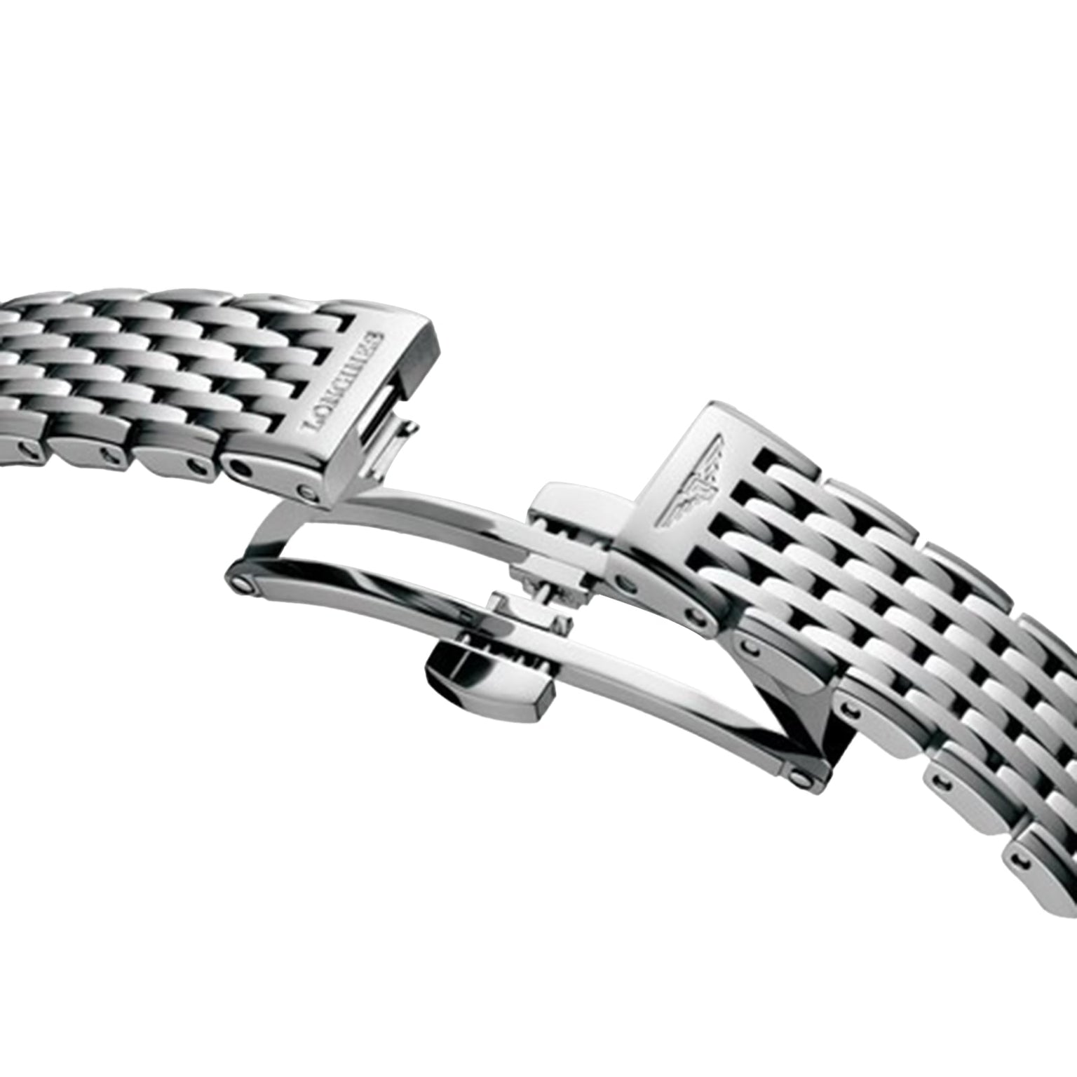 Close-up of a silver metal bracelet with a deployment clasp, engraved with Longines logos. This detail highlights the timeless style of La Grande Classique de LONGINES against a plain white background.