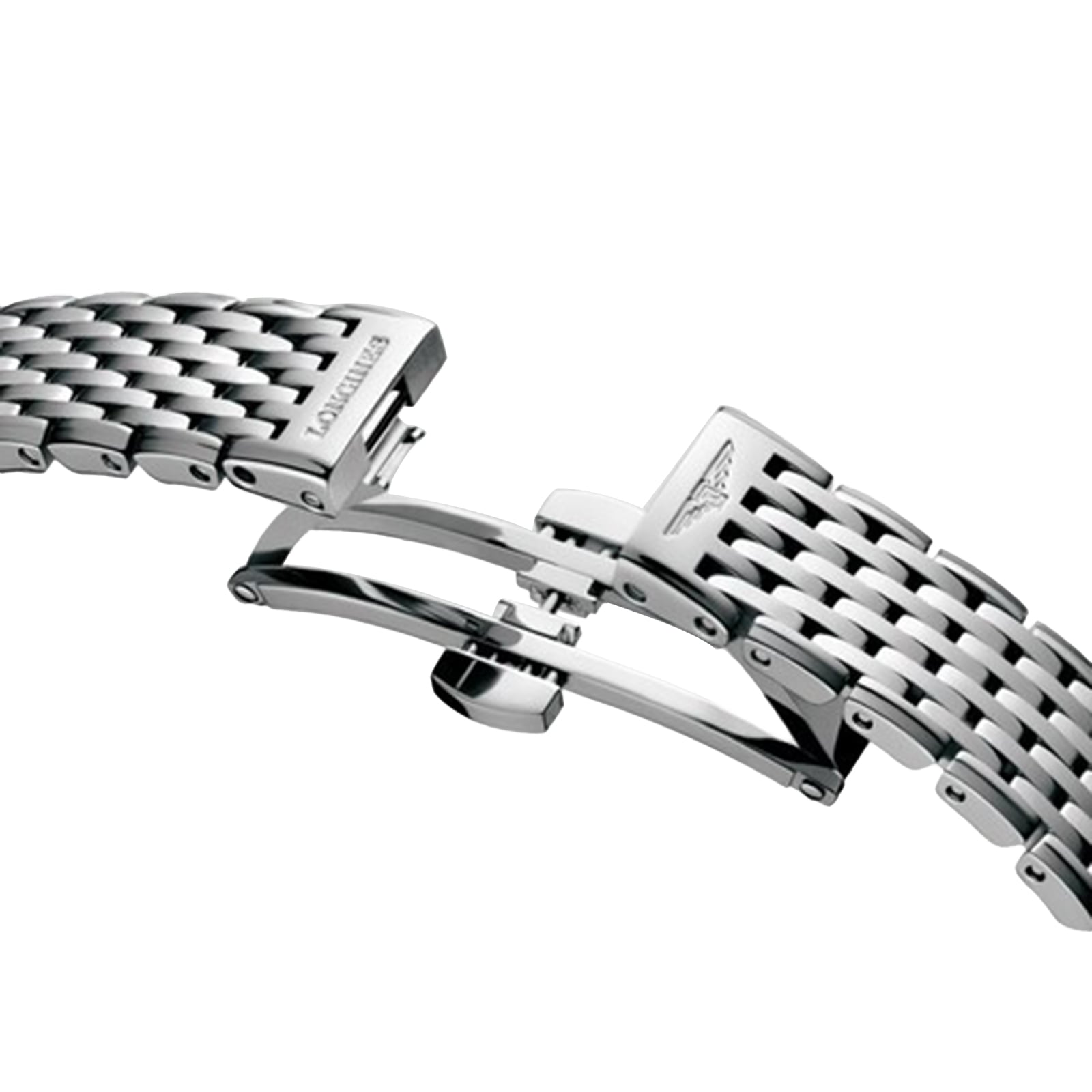Close-up of a silver metal bracelet with a deployment clasp, engraved with Longines logos. This detail highlights the timeless style of La Grande Classique de LONGINES against a plain white background.