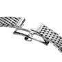 Close-up of a silver metal bracelet with a deployment clasp, engraved with Longines logos. This detail highlights the timeless style of La Grande Classique de LONGINES against a plain white background.