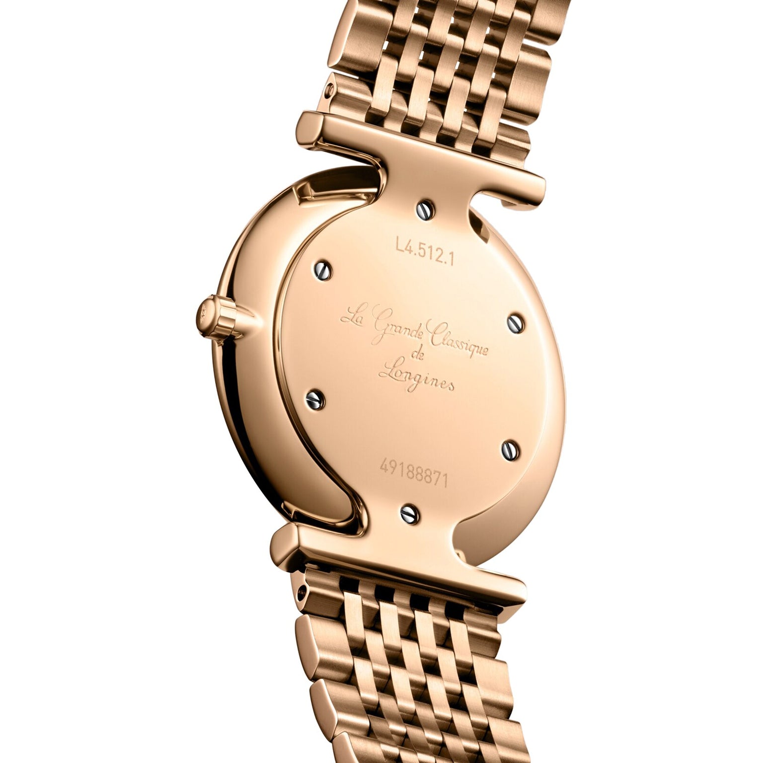 Close-up of the back of a gold Longines La Grande Classique de LONGINES wristwatch engraved with model numbers.