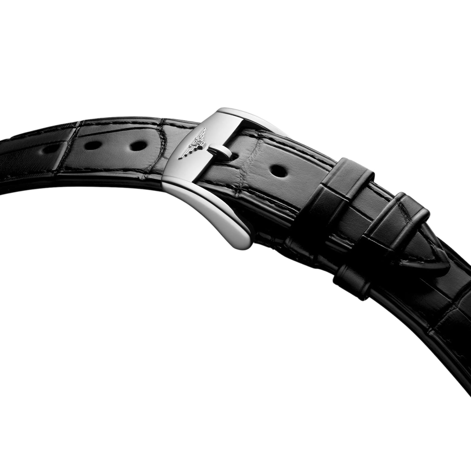 A close-up of a black leather strap with an embossed pattern and a silver buckle engraved with the Longines logo, inspired by the Conquest Heritage Year Of The Snake Edition.