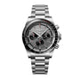 The Longines Conquest Chrono Ski Edition, a stainless steel chronograph wristwatch with a black bezel, three subdials, and a link bracelet, showcases Swiss precision against a white background.