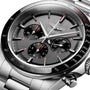 Close-up of the Longines Conquest Chrono Ski Edition: a stainless steel chronograph wristwatch featuring a tachymeter bezel and three subdials on a grey dial, highlighting precision craftsmanship.