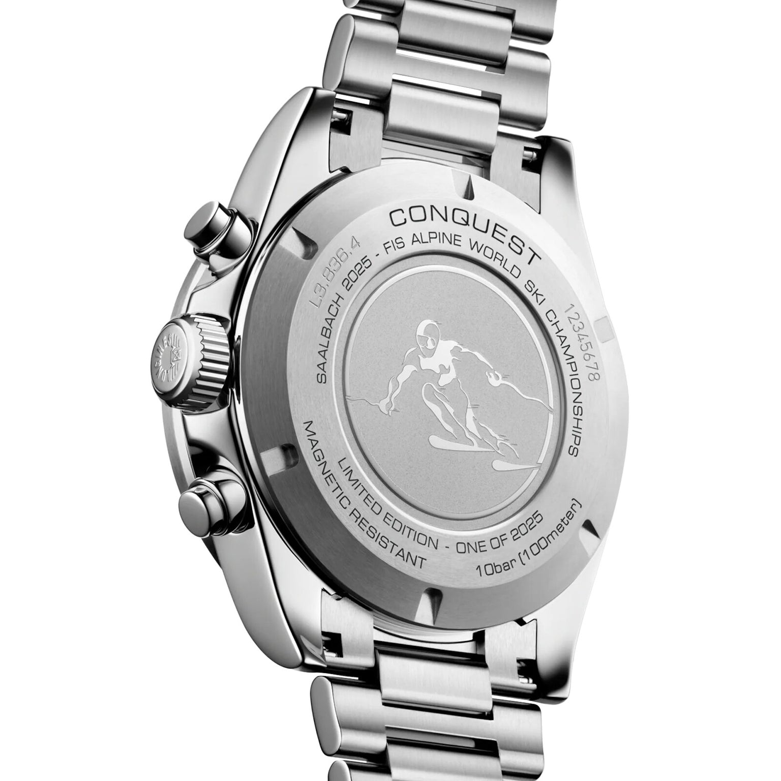 Close-up of the Longines Conquest Chrono Ski Edition’s caseback, engraved with a skier, FIS Alpine World Ski Championships details, and technical specs that highlight this renowned Swiss watch’s celebrated accuracy.