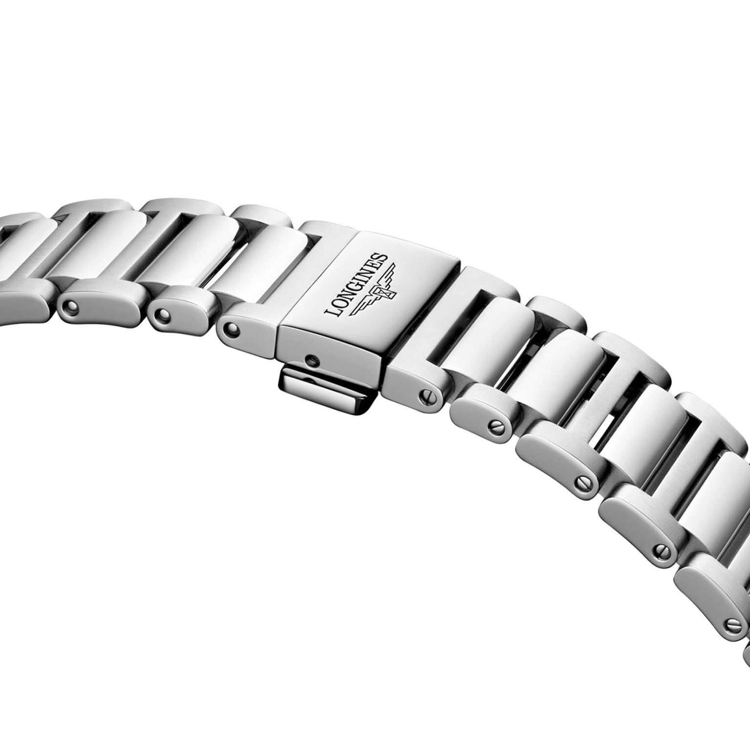 Close-up of the silver metal bracelet on the Longines Conquest Chrono Ski Edition, featuring a clasp engraved with the Longines logo and winged hourglass, highlighting Swiss craftsmanship and precision.