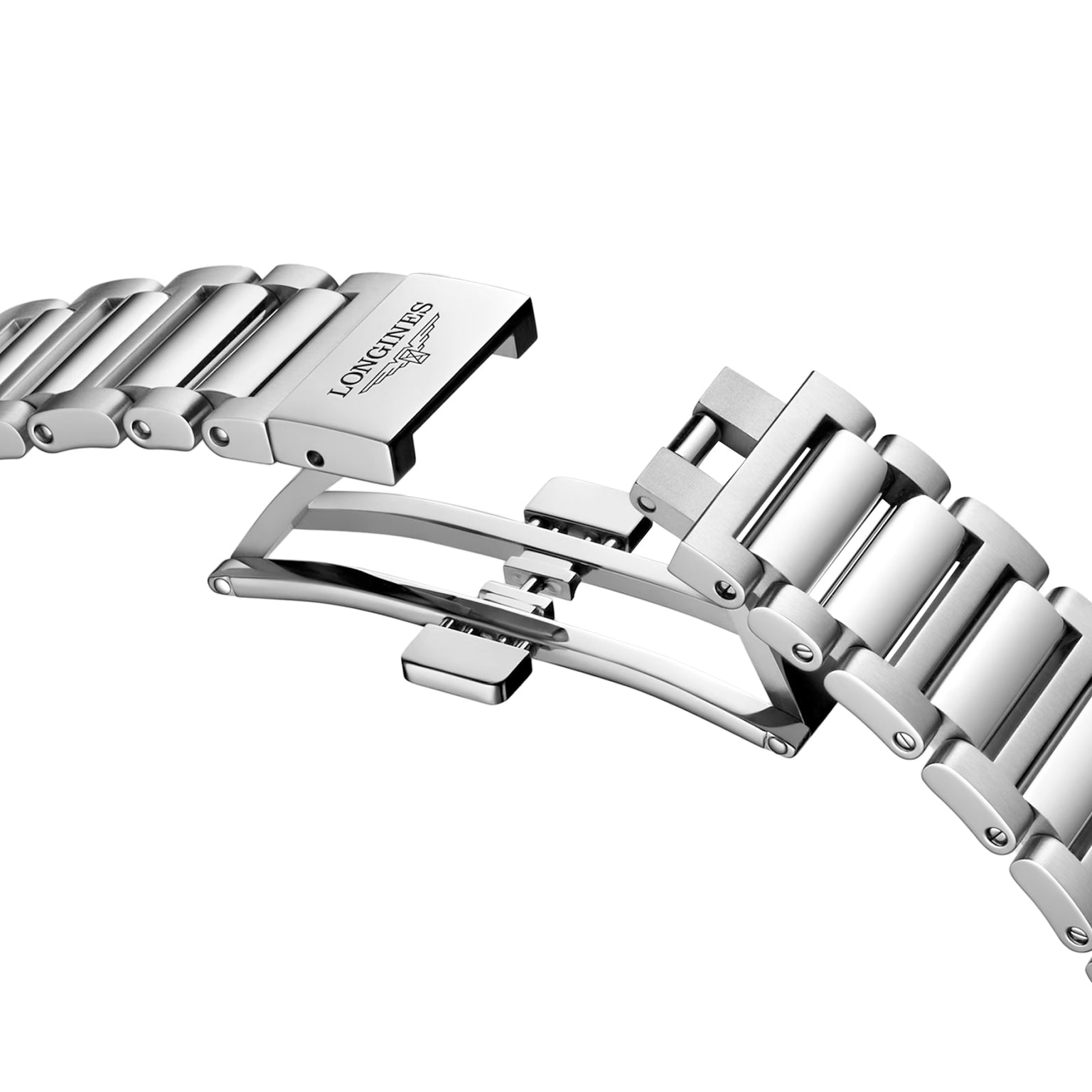 Close-up of a stainless steel Conquest Chrono Ski Edition bracelet by Longines with a partially open deployment clasp, showcasing the iconic Longines logo—a symbol of Swiss timepiece accuracy.